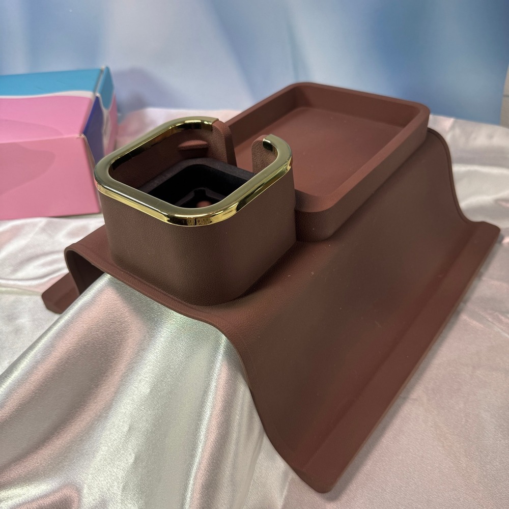 Elimiko Couch Cup Holder Armrest Tray Brown Gold Trim Silicone Sofa Organizer